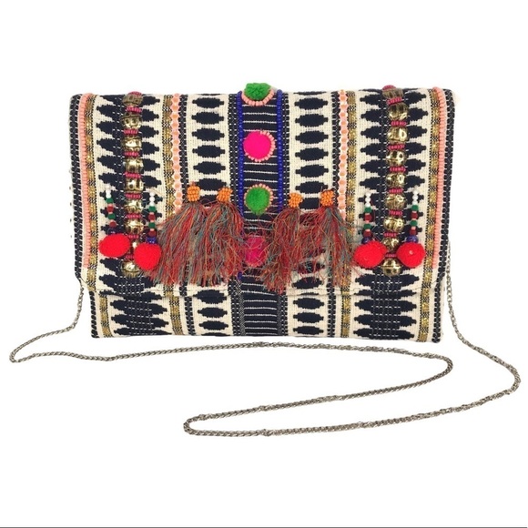 CHARADE Bohemian Pom Pom Clutch w/ Chain Crossbody Multicolor Handbag Purse - Picture 1 of 11